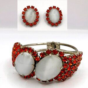 Vintage 1960s Unsigned White Orange Rhinestones Silver Bracelet Earrings…